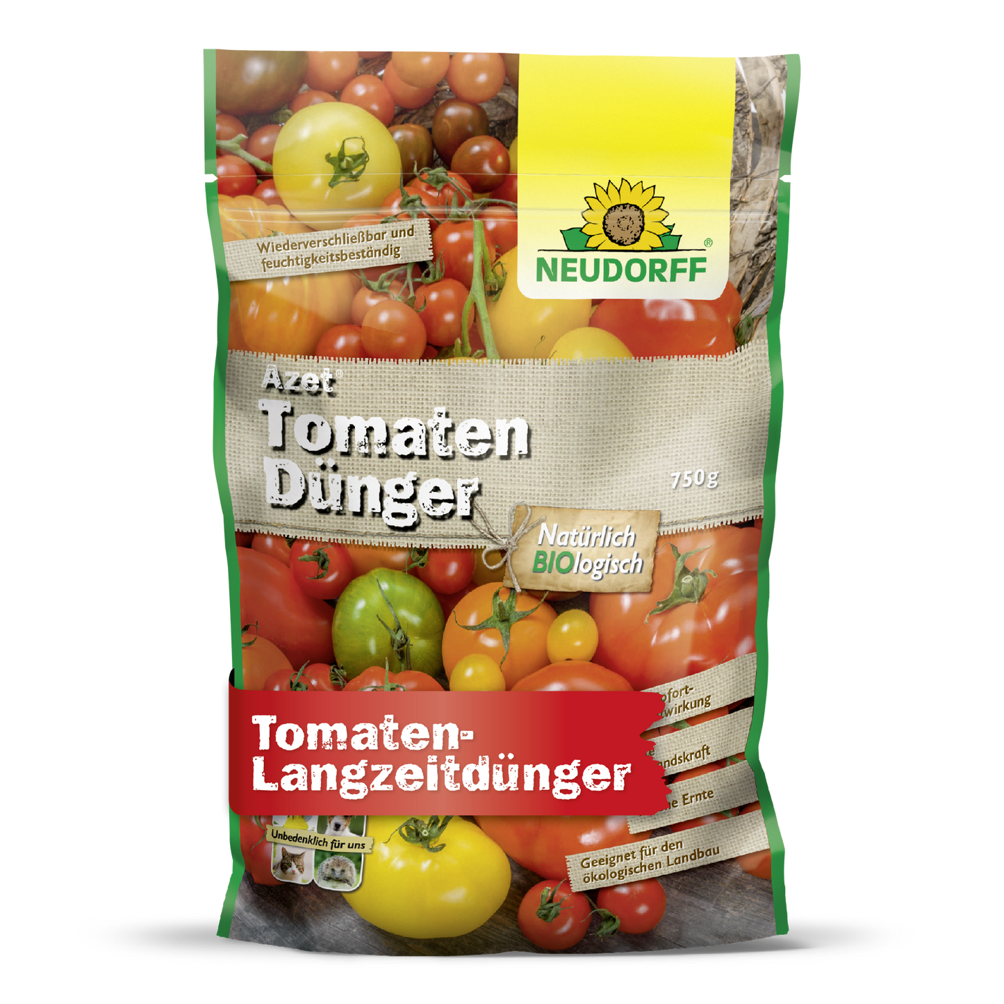 O saco de 750g de Azet TomatenDünger da Neudorff Shop é decorado com motivos de tomates e um logo de girassol amarelo. Este fertilizante orgânico completo fornece nutrientes naturais e duradouros para colheitas ricas de tomates.