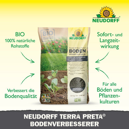 Um pacote de melhorador de solo Terra Preta da Neudorff no Neudorff Shop está no chão com plantas jovens. A embalagem destaca os ingredientes orgânicos para melhoria do solo, os benefícios para relvados, frutas e vegetais, bem como a eficácia duradoura em todos os solos.