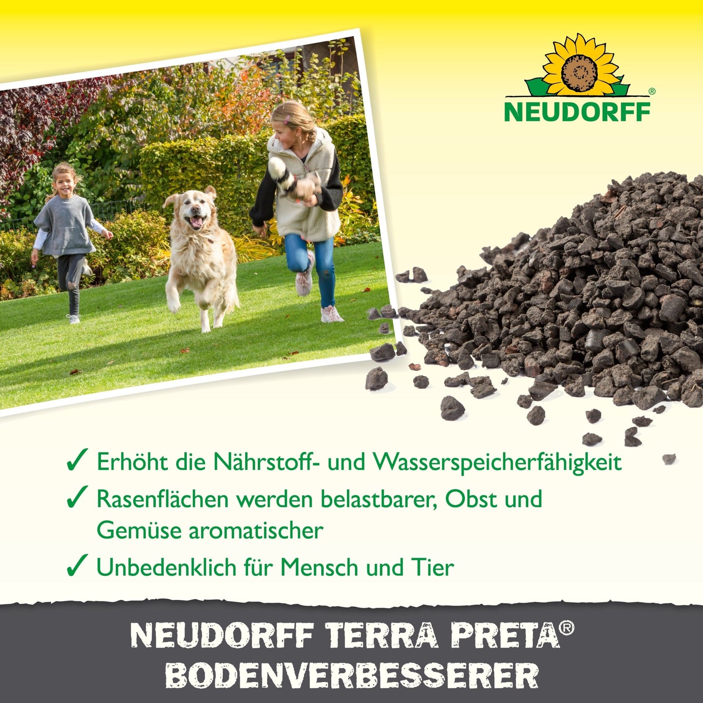 Uma mulher, duas crianças e um Golden Retriever desfrutam de um relvado exuberante; nas proximidades aparece um solo rico e granulado em close-up. O texto promove o melhorador de solo Terra Preta da Neudorff Shop para plantas saudáveis e frutas e vegetais prósperos.