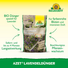 Azet LavendelDünger do Neudorff Shop está ilustrado no centro. O texto verde destaca a fórmula biológica, o efeito duradouro, o aroma intenso, as flores azul-violeta brilhantes e o crescimento melhorado para arbustos tolerantes à seca.