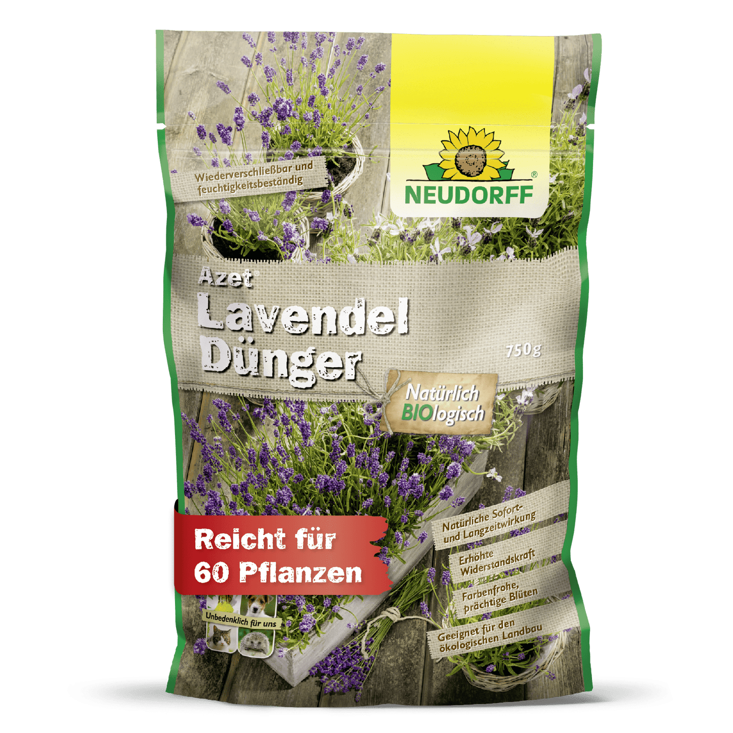 Um saco de 750g de Neudorff Shop Azet LavendelDünger, com lavanda e flores azul-violeta na embalagem. Este fertilizante orgânico nutre até 60 plantas e promove o crescimento robusto de arbustos tolerantes à seca.
