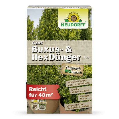Uma caixa de 1 kg de Neudorff Shop Azet Buxus- & IlexDünger com ingredientes naturais é suficiente para 40 m², ideal para buxos e azevinhos e perfeito para a jardinagem ecológica.