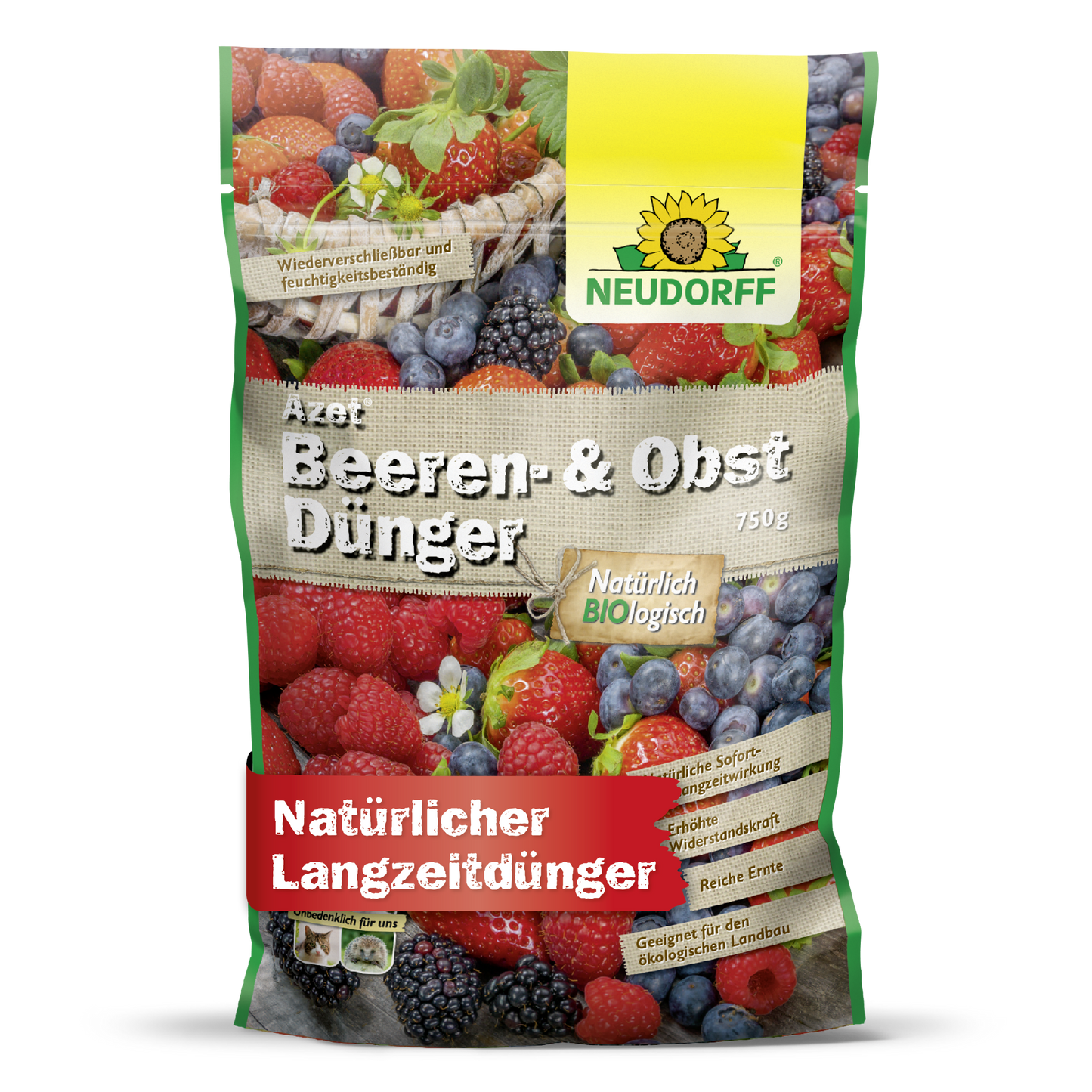 Um saco colorido de 750 g de Neudorff Shop Azet Beeren- & ObstDünger, um fertilizante orgânico natural para bagas e arbustos de frutas, está decorado com imagens de bagas e um texto que destaca seus benefícios na embalagem.
