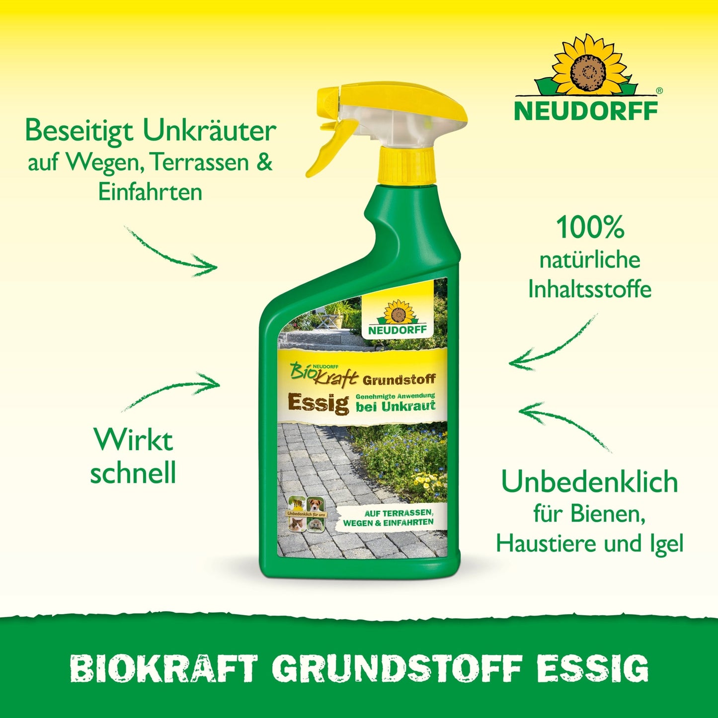 Uma garrafa de spray verde com a inscrição "Neudorff BioKraft Grundstoff Essig" da loja Neudorff está em pé. O texto em alemão destaca os ingredientes naturais, a ação rápida e a remoção segura e eficaz de ervas daninhas para terraços e caminhos amigos dos animais e das abelhas.