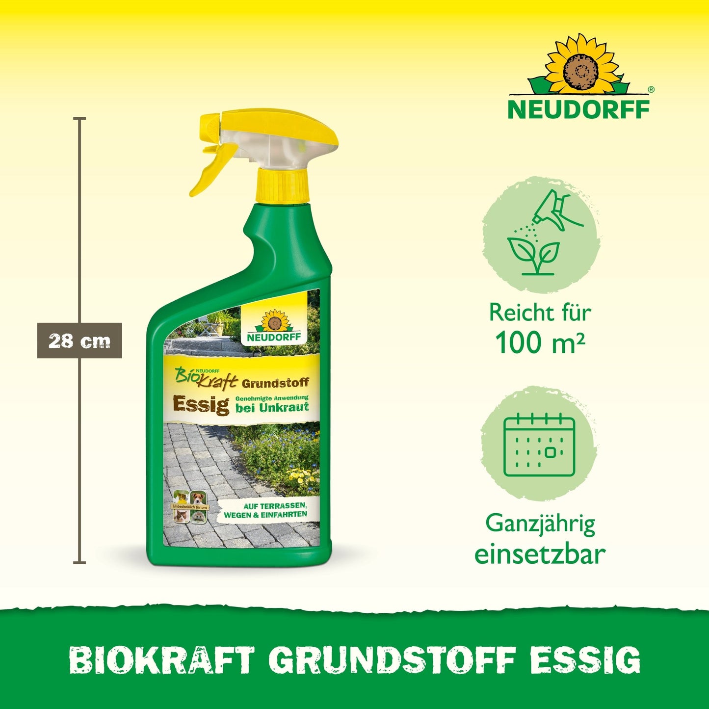 Está representada uma garrafa de spray de 28 cm de altura Neudorff BioKraft Grundstoff Essig da loja Neudorff, que cobre 100 m² e mantém terraços e caminhos livres de ervas daninhas - perfeito para todos que querem terraços livres de ervas daninhas durante todo o ano.