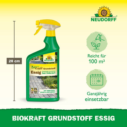Está representada uma garrafa de spray de 28 cm de altura Neudorff BioKraft Grundstoff Essig da loja Neudorff, que cobre 100 m² e mantém terraços e caminhos livres de ervas daninhas - perfeito para todos que querem terraços livres de ervas daninhas durante todo o ano.
