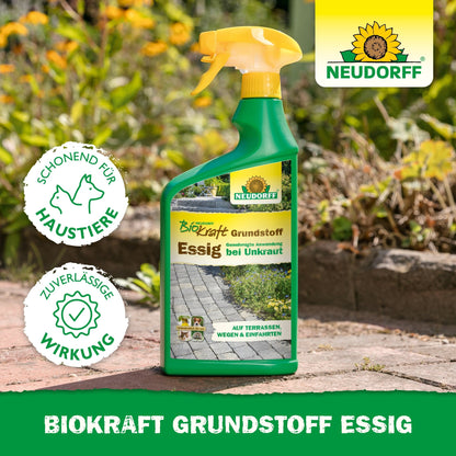 Uma garrafa de spray com Neudorff BioKraft Grundstoff Essig da loja Neudorff está em um caminho de jardim, cercada por grama e flores. O rótulo destaca a segurança para animais de estimação e a remoção eficaz de ervas daninhas para terraços limpos.