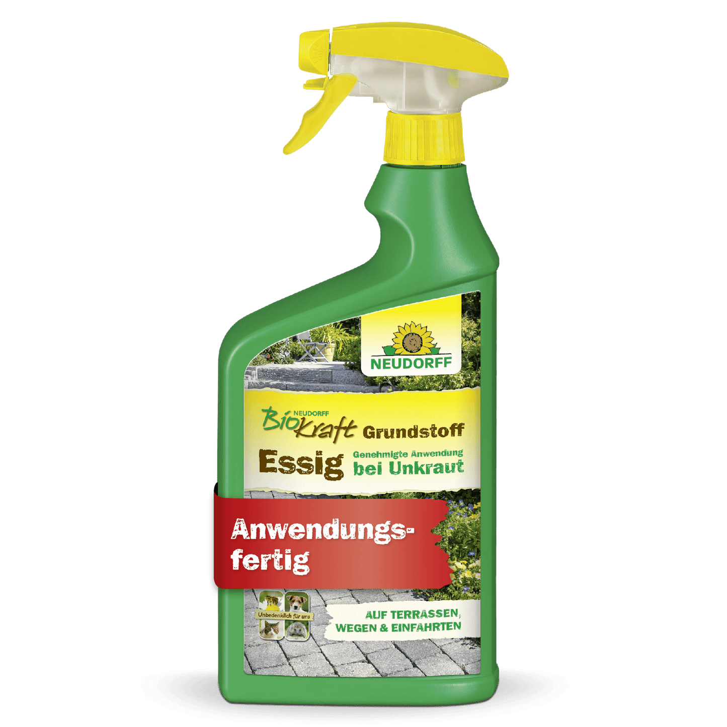 Uma garrafa de spray verde com a inscrição "Neudorff BioKraft Grundstoff Essig" da loja Neudorff, com letras amarelas/brancas, bico amarelo e um banner vermelho "Pronto para uso". O rótulo mostra caminhos e terraços para áreas livres de ervas daninhas.