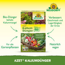 Está ilustrada uma caixa de Azet KaliumDünger da loja Neudorff com setas e texto que destaca as vantagens, como a correção da deficiência de potássio, a adequação para todas as plantas, a melhoria das colheitas e uma fórmula vegana.