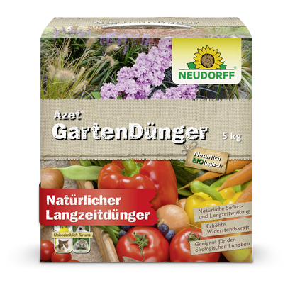 Uma caixa de 5 kg de Azet GartenDünger da Neudorff Shop, marcada como natural e biológica com imagens de flores e vegetais, adequada para uso como fertilizante completo orgânico na jardinagem. O texto principal está em alemão.