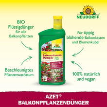 A garrafa verde-amarela de Neudorff Shop Azet Fertilizante Líquido para Plantas de Varanda destaca o rápido crescimento, a exuberante floração de verão, a adequação para todas as caixas de varanda e a fórmula 100% natural e vegana.