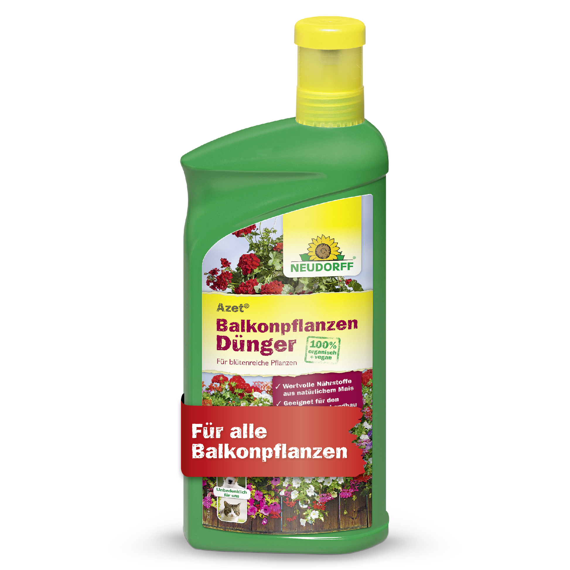 Eine grüne Flasche Neudorff Shop Azet BalkonpflanzenDünger flüssig mit gelber Kappe ist mit einem Etikett mit Blumen und deutschem Text versehen, ideal für alle Balkonpflanzen wie Sommerblumen und Balkonkästen.