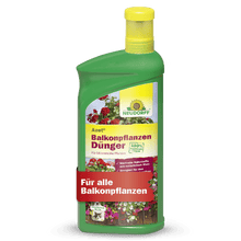 Uma garrafa verde de Neudorff Shop Azet Fertilizante Líquido para Plantas de Varanda com tampa amarela tem um rótulo com flores e texto em alemão, ideal para todas as plantas de varanda como flores de verão e caixas de varanda.