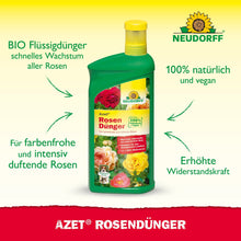 Uma garrafa verde da loja Neudorff Azet RosenDünger líquido com tampa amarela está sobre um fundo branco, onde estão representados detalhes do produto e rosas. Destaca as vantagens naturais, veganas e de ação rápida - ideal para a alimentação de rosas.