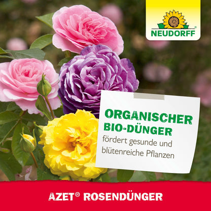 Um rótulo para Azet RosenDünger líquido da loja Neudorff mostra rosas rosa, lilás e amarelas, o logotipo da Neudorff e a inscrição "Fertilizante orgânico promove plantas saudáveis e ricas em flores".