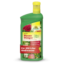 Uma garrafa de plástico verde de Azet RosenDünger líquido da loja Neudorff, um fertilizante líquido para rosas. No rótulo estão representadas rosas e detalhes do produto, indicando que resulta em 200 litros de solução de rega para um cuidado ótimo das rosas.