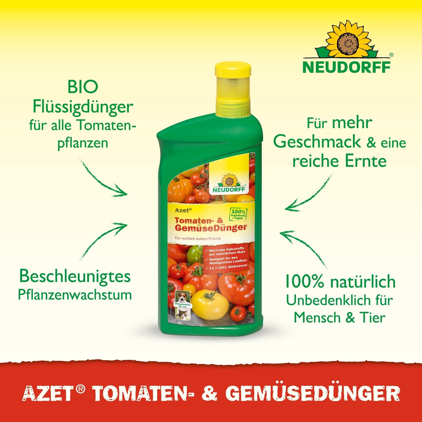 Uma garrafa verde de Neudorff Shop Azet Fertilizante Líquido para Tomates e Legumes é ilustrada com tomates, pimentões e pepinos no rótulo. O texto em alemão destaca o fertilizante líquido orgânico e ingredientes naturais para legumes de varanda.