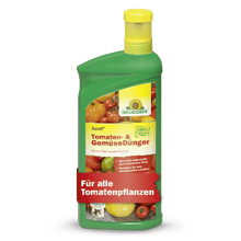 Uma garrafa verde de Neudorff Shop Azet Fertilizante Líquido para Tomates e Legumes, um fertilizante líquido perfeito para tomates e legumes de varanda. No rótulo, estão ilustrados tomates, legumes e uma inscrição vermelha: "Para todas as plantas de tomate.
