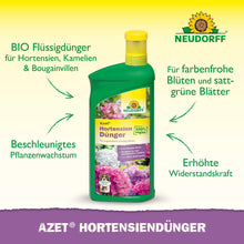 Uma garrafa verde de Neudorff Shop Azet Fertilizante Líquido para Hortênsias com hortênsias no rótulo e um texto que promove suas vantagens como fertilizante orgânico para flores vibrantes e folhagem exuberante.