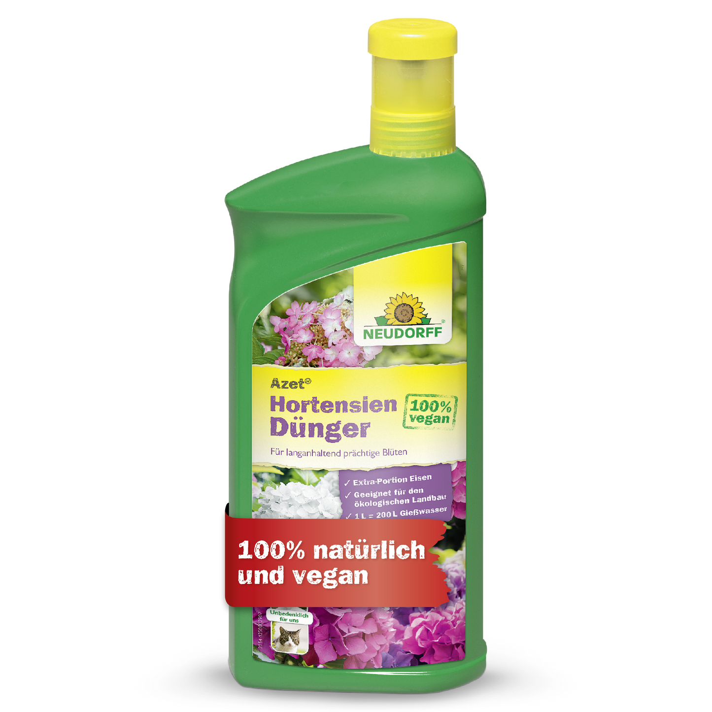 Eine grüne Flasche Neudorff Shop Azet HortensienDünger flüssig mit einer gelben Kappe. Das Etikett zeigt Blumen und die deutschen Sätze "100% vegan" und "100% natürlich und vegan".