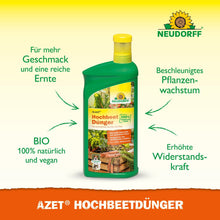 Uma garrafa de plástico verde da Neudorff Shop Azet HochbeetDünger líquido com tampa amarela, com um texto sobre os nutrientes biológicos e vegetais para canteiros elevados, que melhoram o sabor e o rendimento e apoiam o crescimento saudável das plantas.