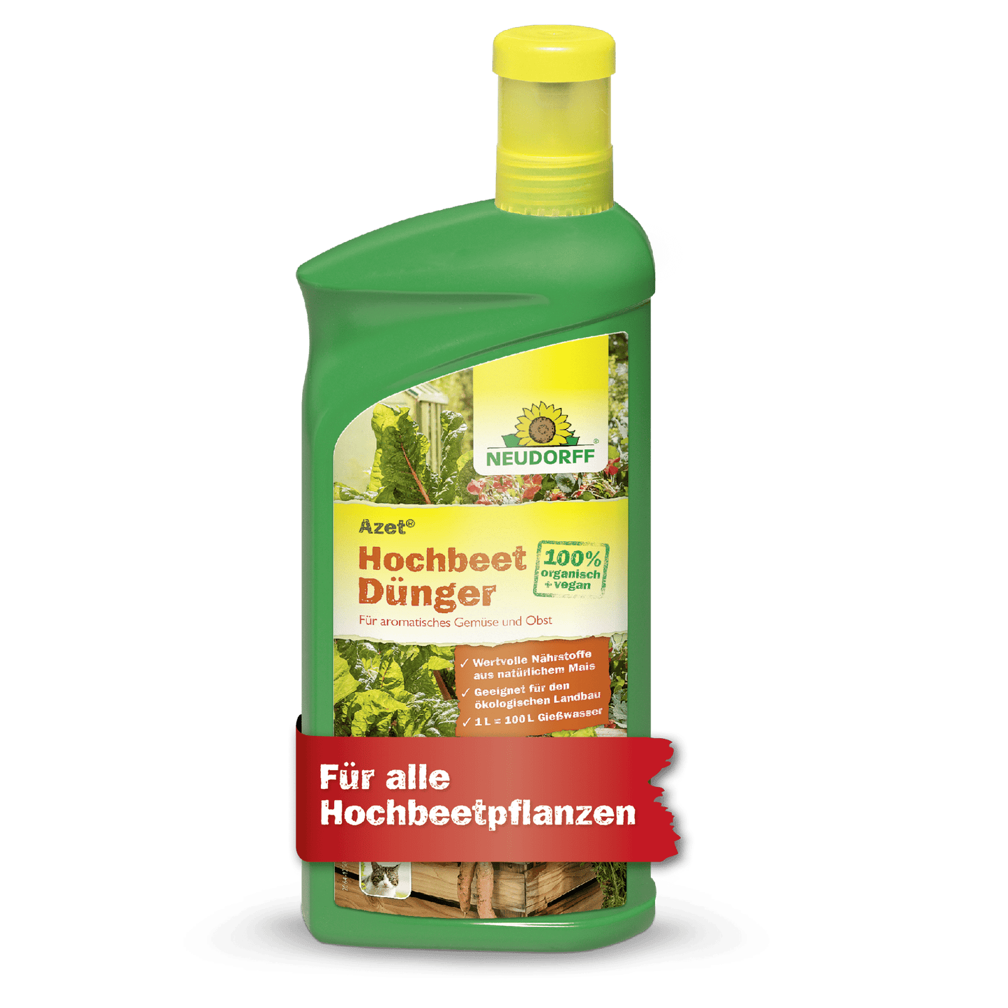 Uma garrafa de plástico verde da Neudorff Shop Azet HochbeetDünger líquido com tampa amarela, rotulada com 100% Bio, rica em nutrientes, ideal para plantas de canteiro elevado e com vegetais na frente.
