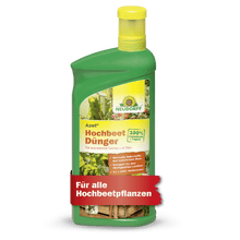 Uma garrafa de plástico verde da Neudorff Shop Azet HochbeetDünger líquido com tampa amarela, rotulada com 100% Bio, rica em nutrientes, ideal para plantas de canteiro elevado e com vegetais na frente.