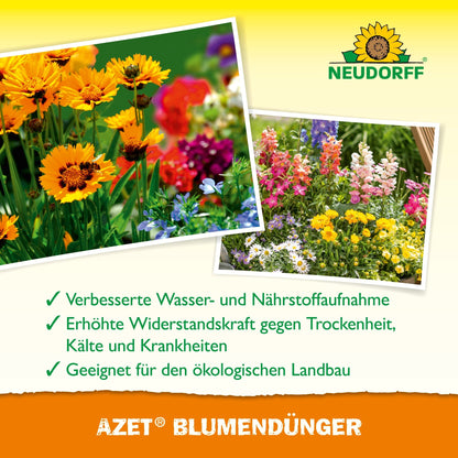 Uma imagem publicitária para Azet BlumenDünger líquido da Neudorff Shop mostra flores coloridas e lista vantagens como crescimento mais saudável das plantas e adequação para cultivo orgânico em alemão.