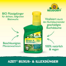 Uma garrafa de Neudorff Shop Azet Buxus- & IlexDünger líquido está sobre uma superfície verde. O texto destaca a fórmula orgânica, 100% natural e vegana, que promove o crescimento e revitaliza buxos e outras plantas perenes em vasos.
