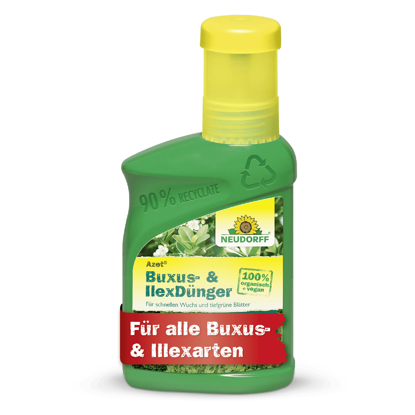 Uma garrafa de plástico verde de Azet Buxus- & IlexDünger líquido da Neudorff Shop, 100% fertilizante orgânico para buxos, azevinho e outras plantas perenes; feito de 90% de material reciclado e com uma tampa amarela.