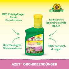 A imagem mostra uma garrafa verde Neudorff Shop Azet OrchideenDünger líquido com uma tampa amarela. A fórmula 100% natural e vegana apoia flores esplêndidas e crescimento mais rápido - ideal para todos que querem fertilizar orquídeas.