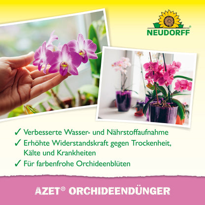 Uma mão toca uma orquídea em flor, e outra foto mostra orquídeas rosas em vasos. O texto promove Azet OrchideenDünger líquido para belas flores. Acima está o logotipo da Neudorff Shop.