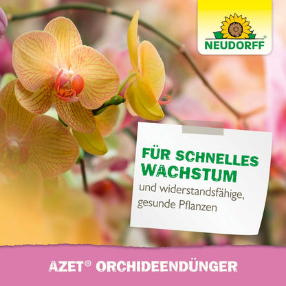 Uma foto de close de orquídeas amarelas e rosas com o logotipo da Neudorff Shop. O texto em alemão promove "Azet OrchideenDünger líquido" para flores deslumbrantes, crescimento rápido e plantas fortes e saudáveis.