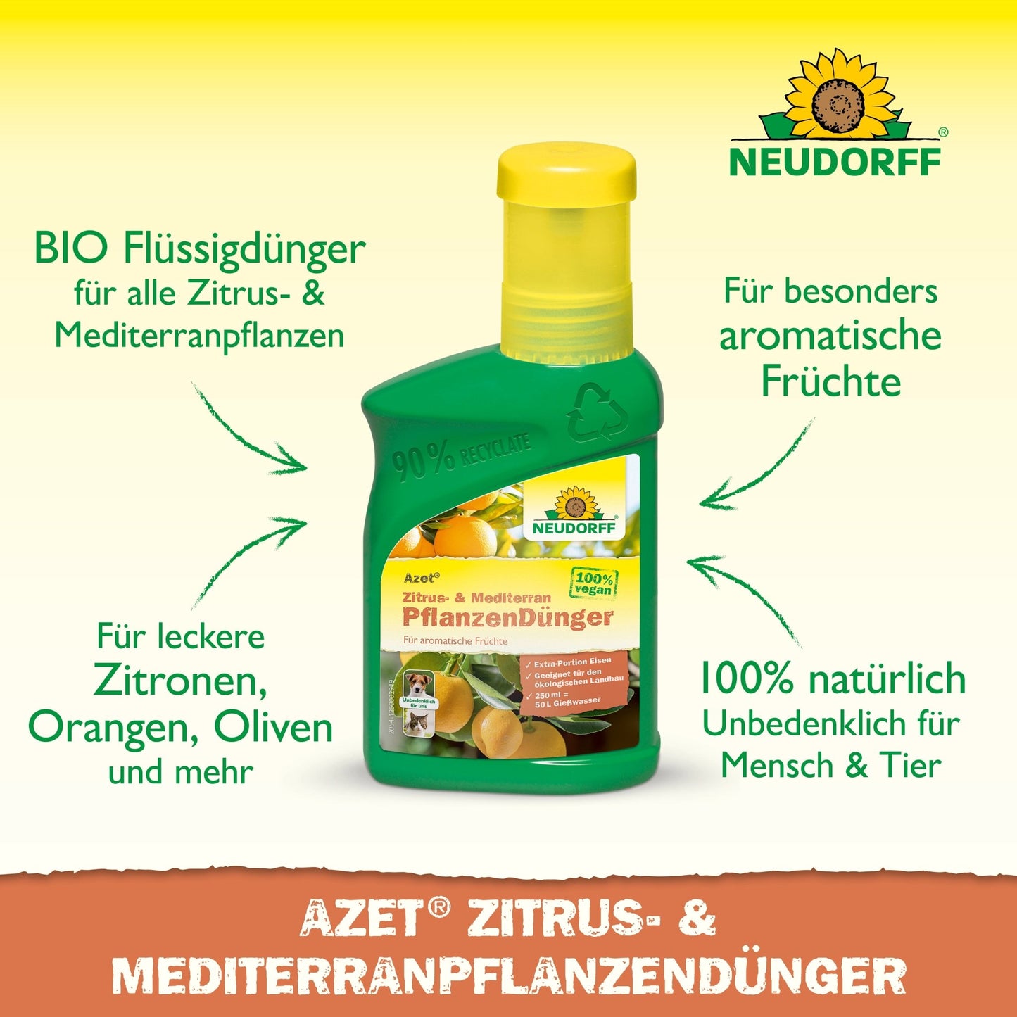 Uma garrafa verde e amarela da Neudorff Shop Azet Zitrus- & MediterranpflanzenDünger líquida com texto em alemão promove sua fórmula orgânica, ideal para plantas mediterrânicas como cítricos e loendros.