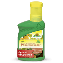 Uma garrafa de plástico verde da Neudorff Shop Azet Zitrus- & MediterranpflanzenDünger líquida com tampa amarela, 100% vegana, feita de 90% de material reciclado, ideal para limões, loendros e outras plantas mediterrânicas.