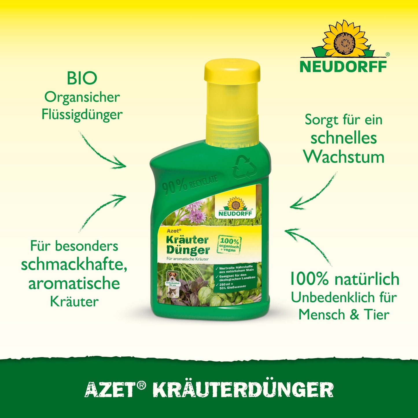 Uma garrafa verde-amarela do Neudorff Shop Azet Fertilizante Líquido para Ervas é ilustrada com um texto em alemão que destaca as propriedades biológicas, naturais e seguras para pessoas e animais de estimação, promovendo ervas mais saudáveis com melhor crescimento e sabor.