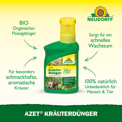 Uma garrafa verde-amarela do Neudorff Shop Azet Fertilizante Líquido para Ervas é ilustrada com um texto em alemão que destaca as propriedades biológicas, naturais e seguras para pessoas e animais de estimação, promovendo ervas mais saudáveis com melhor crescimento e sabor.