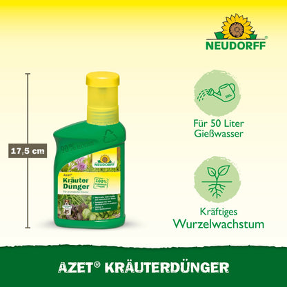 Uma garrafa verde-amarela de 500 ml do Neudorff Shop Azet Fertilizante Líquido para Ervas (17,5 cm de altura) trata 50 litros de água para promover ervas saudáveis e raízes fortes. No topo está ilustrado o logotipo da Neudorff.