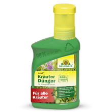 Uma garrafa de plástico verde da Neudorff Shop Azet Fertilizante Líquido para Ervas com tampa amarela, 100% biológica, ideal para a saúde de todas as ervas, com imagens de ervas e informações de reciclagem na embalagem.