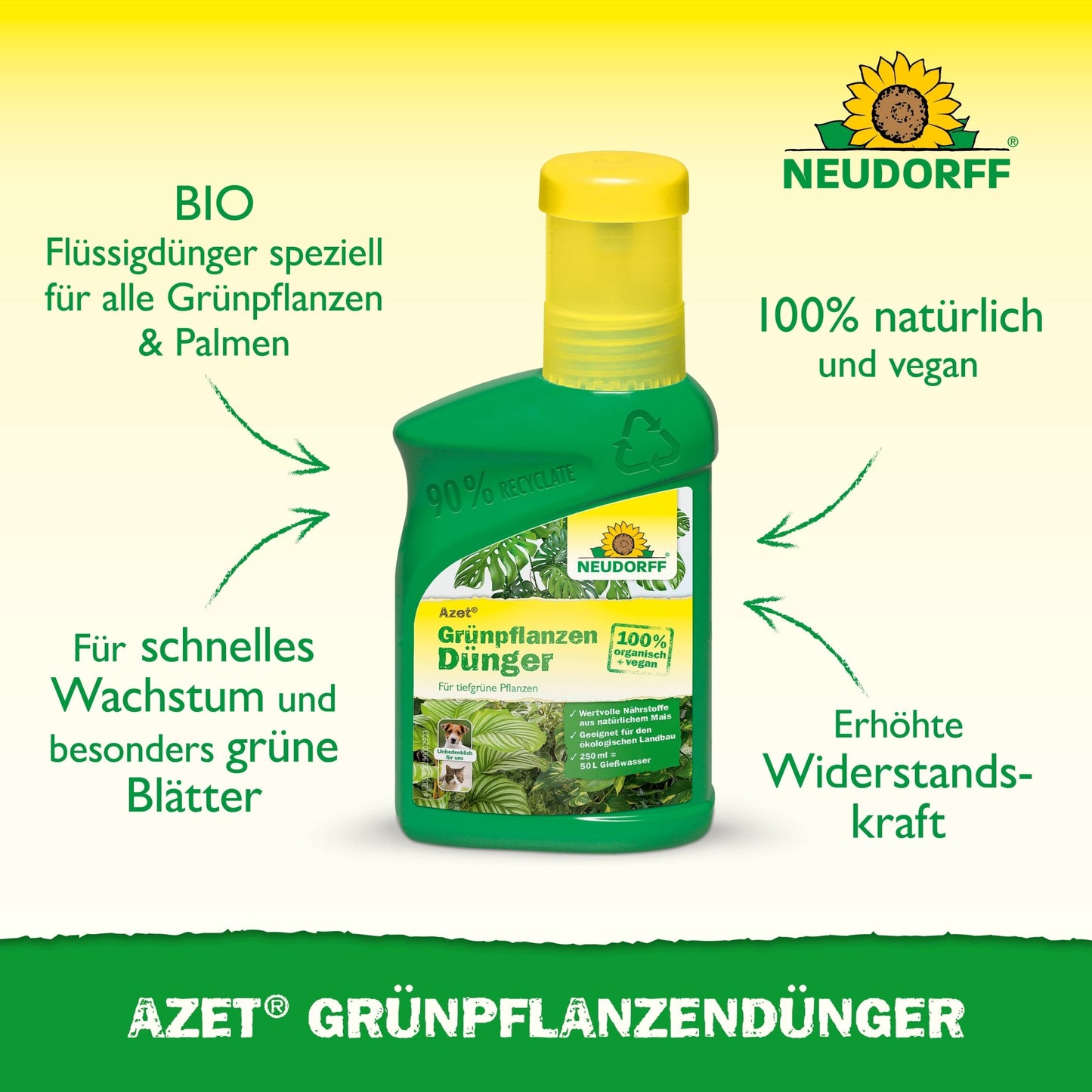 Uma garrafa verde da Neudorff Shop Azet GrünpflanzenDünger líquido com uma tampa amarela, onde um texto em alemão fala sobre os nutrientes orgânicos para plantas de interior, que promovem crescimento rápido, folhas verdejantes e maior resistência.