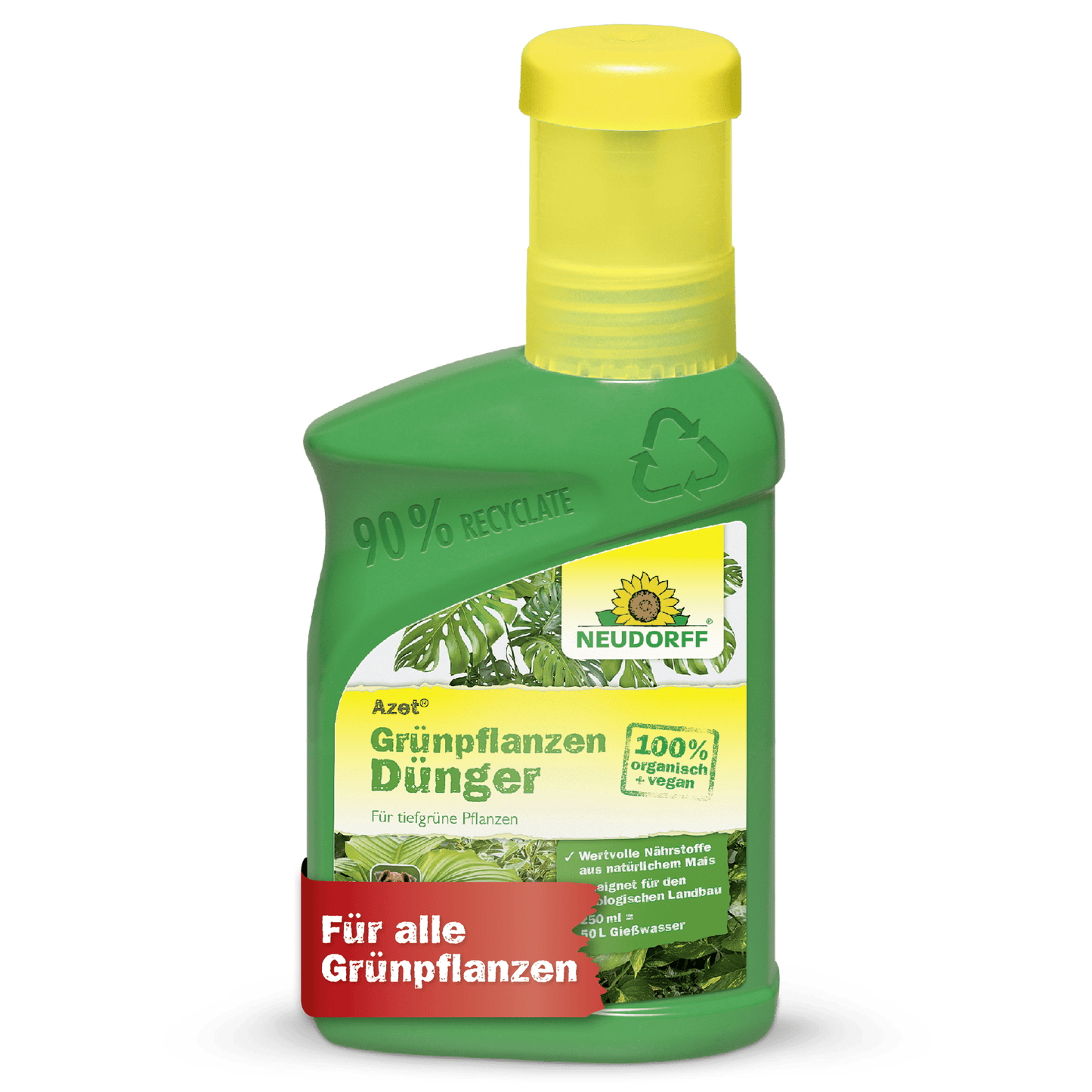 Uma garrafa de plástico verde da Neudorff Shop Azet GrünpflanzenDünger líquido com uma tampa amarela, identificada como fertilizante vegano 100% orgânico para plantas verdes, fornece nutrientes essenciais e possui um símbolo de reciclagem com texto em alemão.