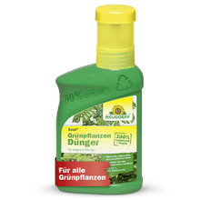 Uma garrafa de plástico verde da Neudorff Shop Azet GrünpflanzenDünger líquido com uma tampa amarela, identificada como fertilizante vegano 100% orgânico para plantas verdes, fornece nutrientes essenciais e possui um símbolo de reciclagem com texto em alemão.