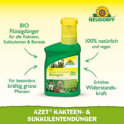 Uma garrafa verde da Neudorff Shop Azet Kakteen- & SukkulentenDünger líquido com uma tampa amarela, marcada como biológica, natural e vegana, além de um texto que promove os benefícios para a saúde das plantas.
