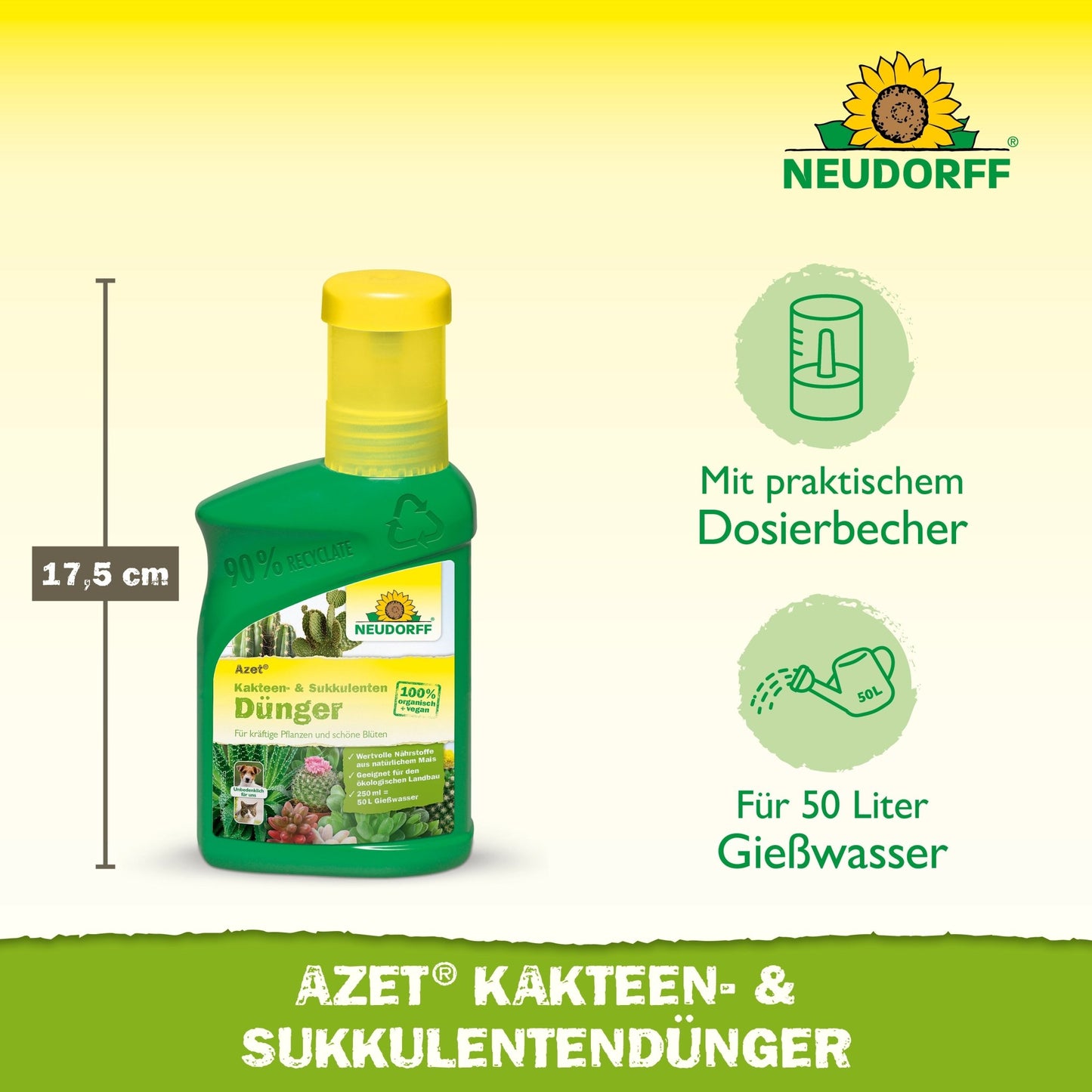 O Azet Kakteen- & SukkulentenDünger líquido da Neudorff Shop vem em uma garrafa verde com rótulo amarelo - um fertilizante líquido ideal para o cuidado das suas suculentas e cactos.