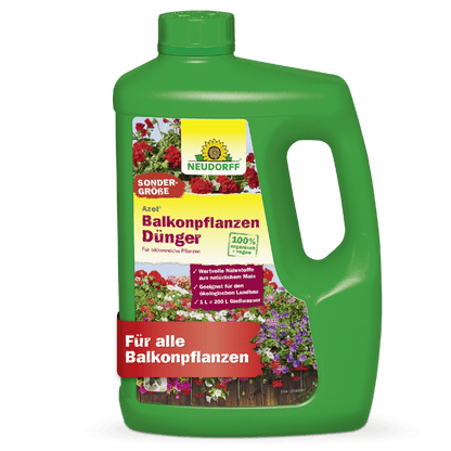 Uma garrafa plástica verde do Azet Fertilizante Líquido para Plantas de Varanda do Neudorff Shop para plantas de varanda e flores de verão, com tampa verde, alça e um rótulo colorido com flores e informações do produto.