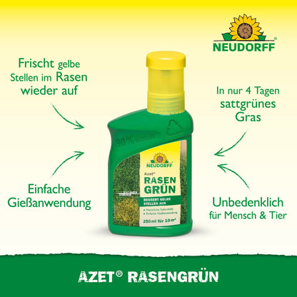 Uma garrafa verde de 250 ml do Neudorff Shop Azet RasenGrün promete uma relva verdejante em apenas 4 dias, uma rápida recuperação de manchas amarelas e uma aplicação segura para pessoas e animais de estimação.