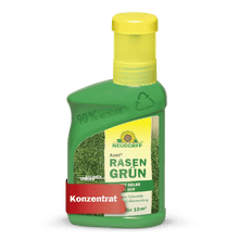 Azet RasenGrün da Neudorff Shop vem em uma garrafa de plástico verde (90% reciclada), tampa amarela, imagem de grama, e é um concentrado de cuidado para relva para 10 m², que promete relva verdejante em apenas 4 dias.