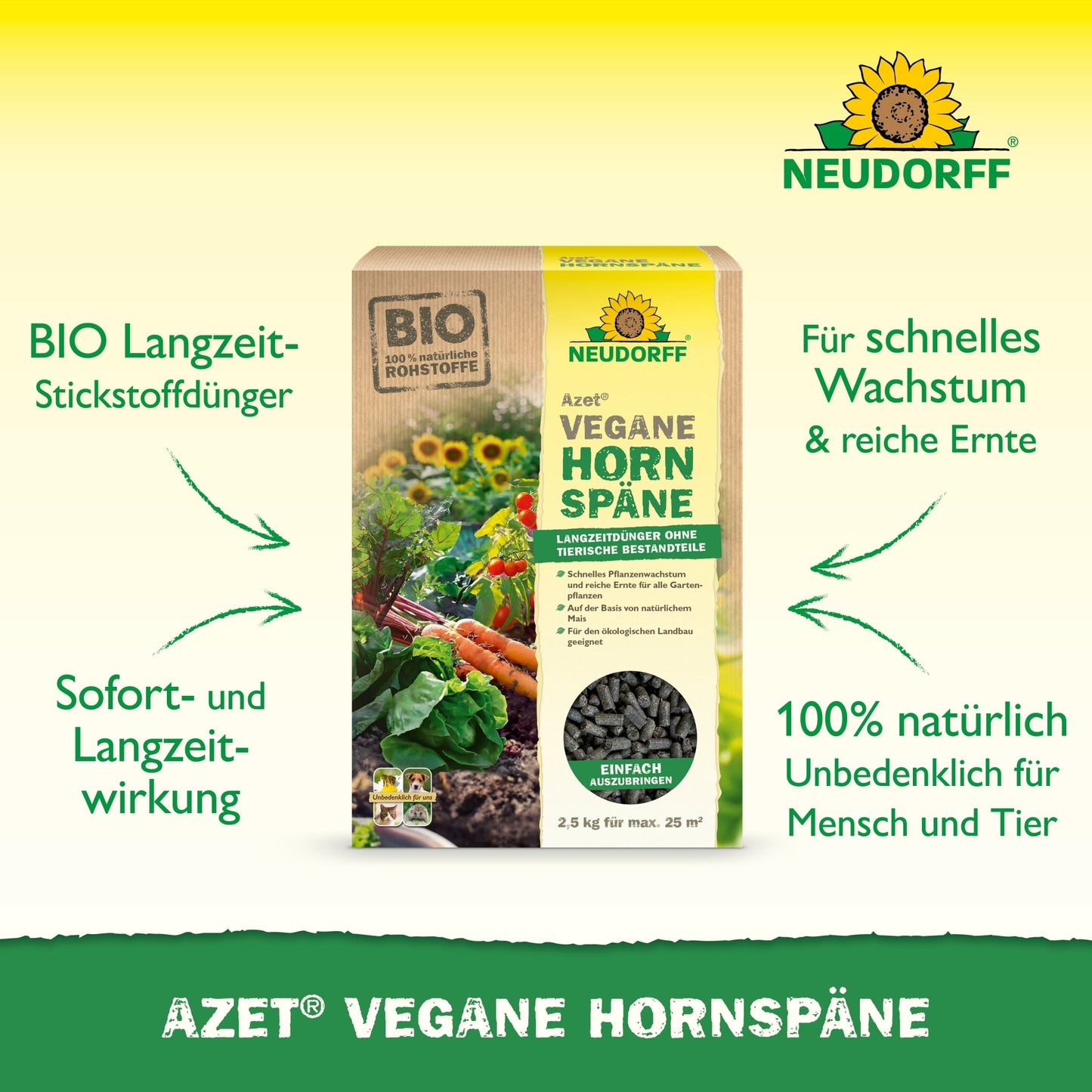 Azet Vegane Hornspäne da Neudorff Shop é exibido em um fundo verde, com um texto que promove as propriedades biológicas, veganas, de longa duração e 100% naturais para um crescimento seguro das plantas.