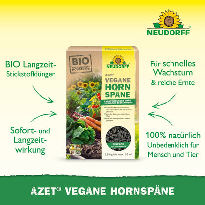 Azet Vegane Hornspäne da Neudorff Shop é exibido em um fundo verde, com um texto que promove as propriedades biológicas, veganas, de longa duração e 100% naturais para um crescimento seguro das plantas.