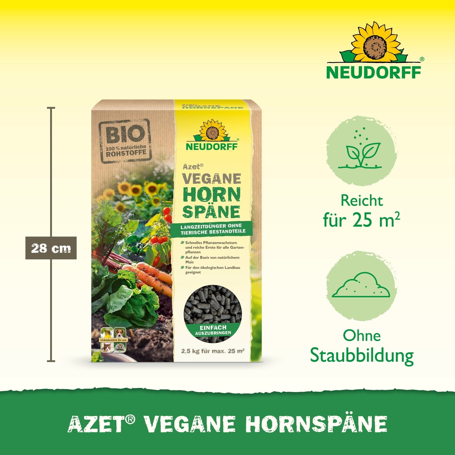 Um saco de 2,5 kg de Azet Vegane Hornspäne da Neudorff Shop é apresentado, com ícones para alcance de 25 m², aplicação sem poeira e 28 cm de altura - perfeito para crescimento sustentável das plantas e uma colheita abundante.